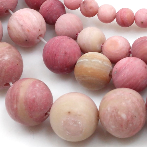 Matte Pink Rhodonite Round Loose Bead Natural Gemstone Frosted Bead 4mm 6mm 8mm 10mm 12mm 15" Full Strand Bulk Lot Jewelry Making