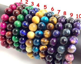 Multi-color Tiger's Eye Beaded Bracelet, Healing Gemstone, Stretch Elastic 4-12mm 7.5"