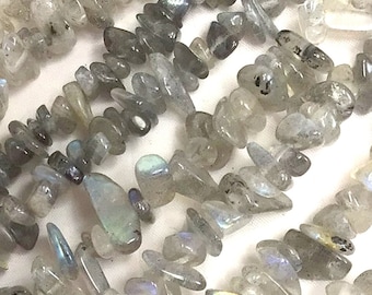 Larvikite Chip Beads, Gray Blue Labradorite, 32" Strand