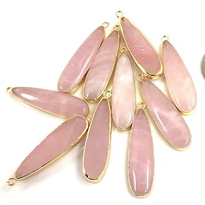 Pink Rose Quartz gemstone Pendant Long Oval Mother&#39;s Day Charm Gold Raw Rose Quartz Coated Necklace Pendant Double Side January Birthstone
