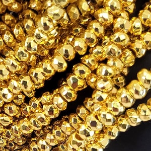 Gold Tone Hematite Beads Grade AAA Natural Gemstone Faceted Rondelle Beads 3mm Diamond 15&quot; Strand Small Micro Cut Sparkling Shiny Hematite