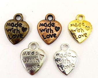 Made With Love Heart Charms, Pewter Pendants, 18pcs