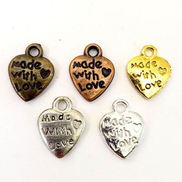 Made With Love Charm Heart Charm Double Side 18pcs Antique Silver, Gold, Bronze Tone Love Charm, Charm for bracelet Valentine's Gift for her