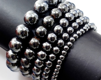 Black Hematite Bracelet, Crystal Healing Gemstone, Round Beaded Stretch Bracelet 4-12mm 7.5"