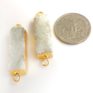 Crystal Quartz Pendant - Natural Gemstone Pendant Crystal Stone Raw Hand Cut Rectangle w 2 Rings Mother Day Charm Gold Electroplated Edge