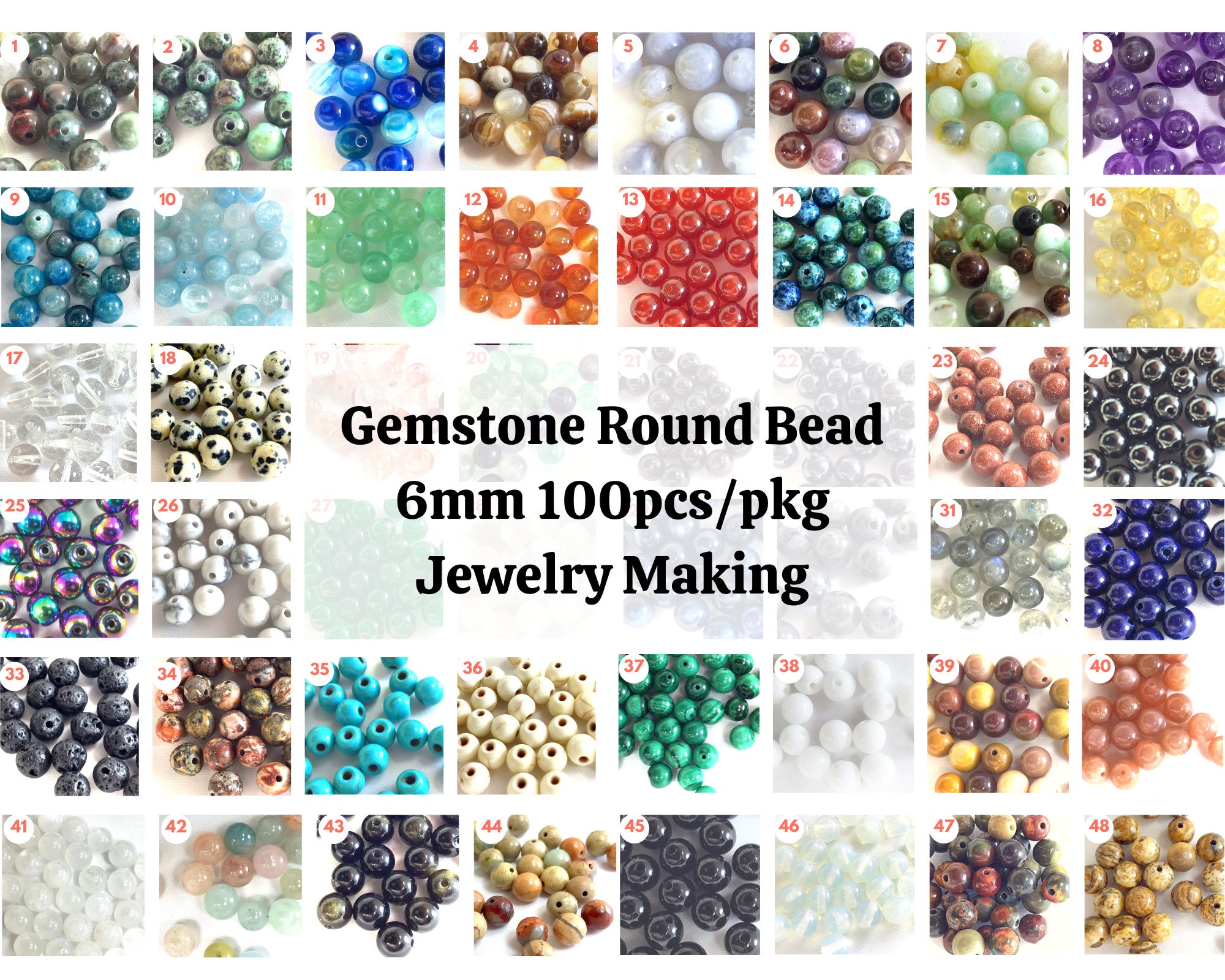 1200pcs 6mm Natural Round Stone Beads Real Gemstone Beading Loose Gemstone  Hole Size 1mm DIY Smooth Beads for Bracelet Necklace Earrings Jewelry
