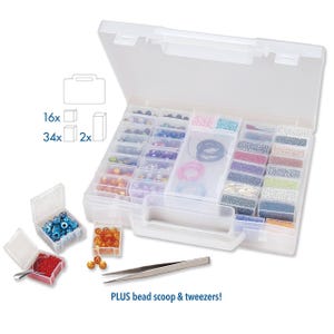 May include: A clear plastic craft organizer with multiple compartments filled with colorful beads, string, and other jewelry-making supplies. Includes a bead scoop and tweezers. The organizer is open, revealing the contents, and has a handle for easy carrying.