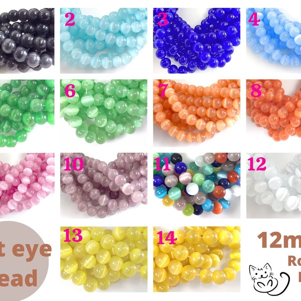 12mm Cat Eye Beads Gray,Blue,Pink,Green,White,Yellow,Orange AA Smooth Glass Crystal Round Loose Beads High Quality 14" Strand