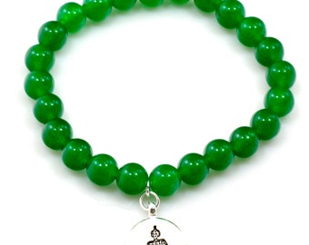 Green Jade Buddha Charm Bracelet, Spiritual Yoga Beads, 8mm 7.5"
