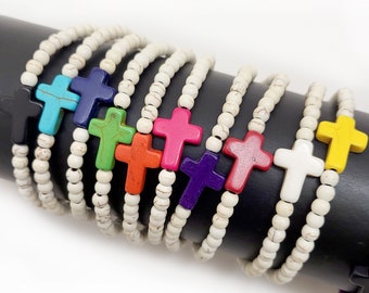 Gemstone Cross Bracelet, White Howlite Beads, Christian Jewelry 4-10mm 7.5"