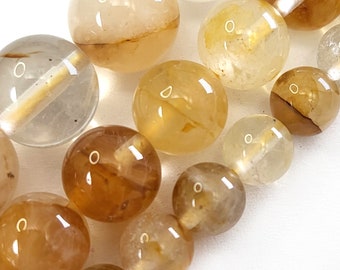Natural Rutilated Quartz Round Beads for Jewelry Making (4mm-12mm) 7.5"-15"