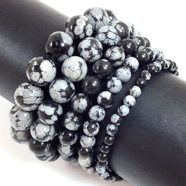 Snowflake Obsidian Bracelet Stretch Elastic Crystal Healing Gemstone Round Bead Bracelet for Men,Women 4mm 6mm 8mm 10mm 12mm 7.5"