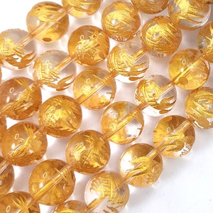 Natural Crystal Quartz Clear Stone w Curved Gold Dragon Round Beads Delicated Dragon 10mm 12mm 14mm Crystal Beads Gemstone The Year Dragon
