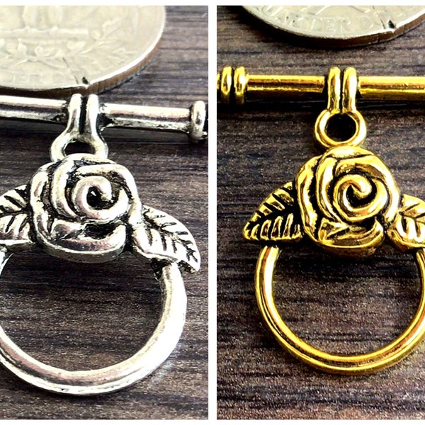 Rose Flower Toggle Clasp Silver Gold Toggles Clasp Set Jewelry Closure 19mm Handcrafted Artisan Clasp Toggles and Bar 2 SET/PACKAGE