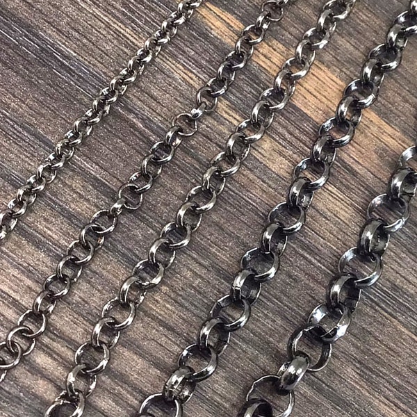 Gunmetal Rolo Chain Metal Black Chain 3mm 4mm 5mm 6mm 7mm  Round Link Chain Gunmetal Necklace Chain Gunmetal Chain Sold by FT
