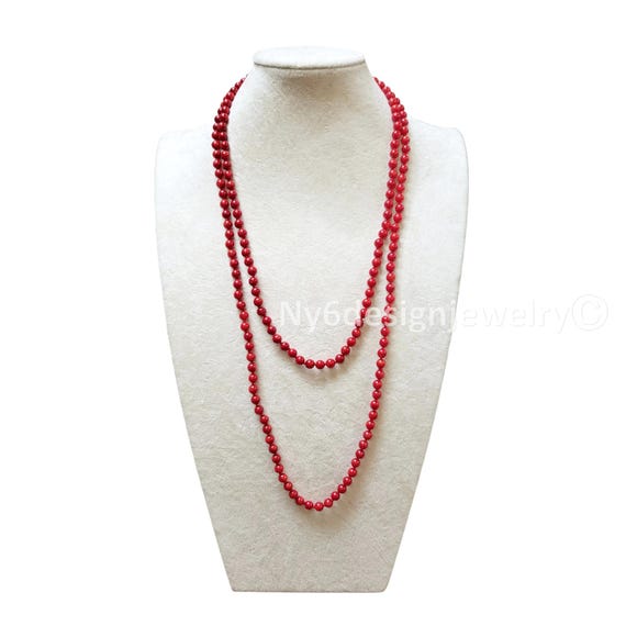 Hand-Knotted 7mm Red Coral Bead Necklace – 60" Dyed Gemstone Long Mala Style Necklace