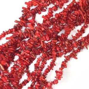 May include: A strand of red coral beads, featuring a variety of shapes and sizes. The beads are natural and have a rough, organic texture.