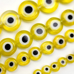 Yellow Evil Eye Glass Beads Protective Flat Round Disc Coin Spacer Loose Bead Crystal Gemstone Beads 15&quot; Strand 4mm 6mm 8mm 10mm