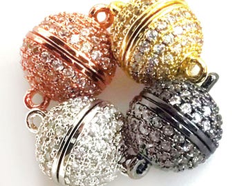 Micro Pave Cubic Zirconia Magnetic Clasps, Copper Round Jewelry Findings (6MM-14MM)