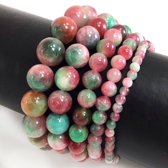 Watermelon Jade Bracelet, Natural Gemstone, Round Beaded Stretch