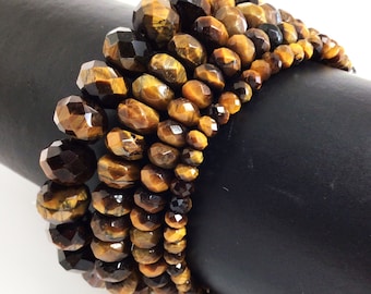 Yellow Tiger's Eye Stretch Bracelet, Faceted Gemstone, 7.5" 4-10mm
