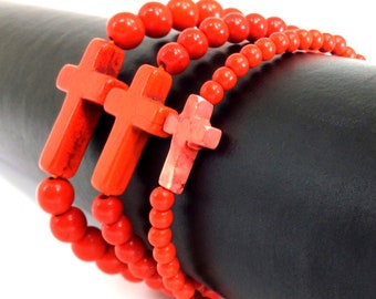 Orange Turquoise Cross Bracelet, Christian Beaded Bracelet 4-10mm 7.5"