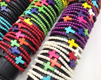 Turquoise Cross Bracelet, Beaded Stretch Religious Bracelet, 6mm Gemstone 12 Color 7.5"