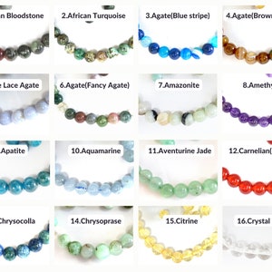May include: A collection of 16 different types of gemstone beads, each displayed in a separate row. The beads are all round and have a natural, polished finish. The beads are labeled with their names, such as African Bloodstone, African Turquoise, Agate (Blue stripe), Agate (Brown stripe), Blue Lace Agate, Agate (Fancy Agate), Amazonite, Amethyst, Apatite, Aquamarine, Aventurine Jade, Carnelian (Orange), Chrysocolla, Chrysoprase, Citrine, and Crystal Quartz.