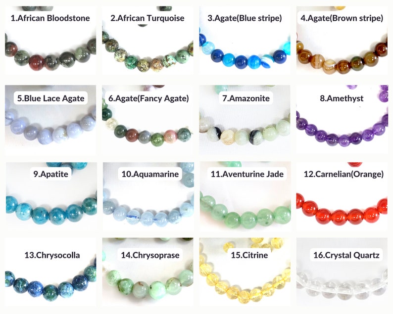 May include: A collection of 16 different types of gemstone beads, each displayed in a separate row. The beads are all round and have a natural, polished finish. The beads are labeled with their names, such as African Bloodstone, African Turquoise, Agate (Blue stripe), Agate (Brown stripe), Blue Lace Agate, Agate (Fancy Agate), Amazonite, Amethyst, Apatite, Aquamarine, Aventurine Jade, Carnelian (Orange), Chrysocolla, Chrysoprase, Citrine, and Crystal Quartz.