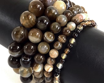 Brown Agate Bracelet Stretch Elastic Crystal Healing Brown Stripe Gemstone Round Beaded for Men,Women 4mm 6mm 8mm 10mm 12mm 7.5"