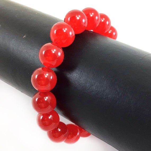Red Jade Gemstone Bracelet, Stretch Crystal Healing, Round Beaded