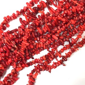 May include: A strand of red coral beads, featuring a mix of long and short pieces. The beads are a vibrant red color and have a natural, organic shape.