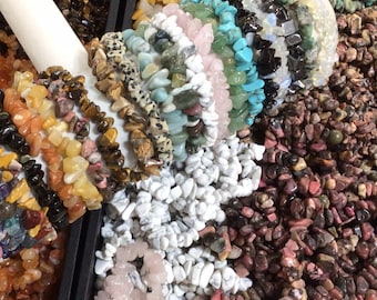 Gemstone Chip Bracelet, Crystal Healing, Beaded Stretch Bracelet 7.5"