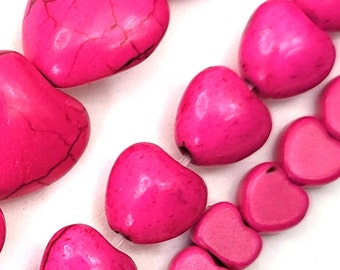 Pink Heart Beads, Fuscia Turquoise Howlite, 15" Strand 6-12mm