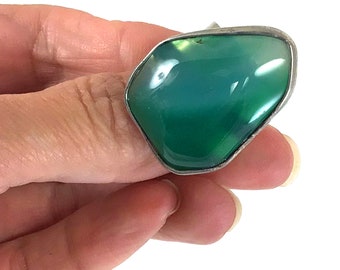Green Agate Ring Irregular Shape Ring Adjustable Ring Silver Plated fit All Size Statement Ring