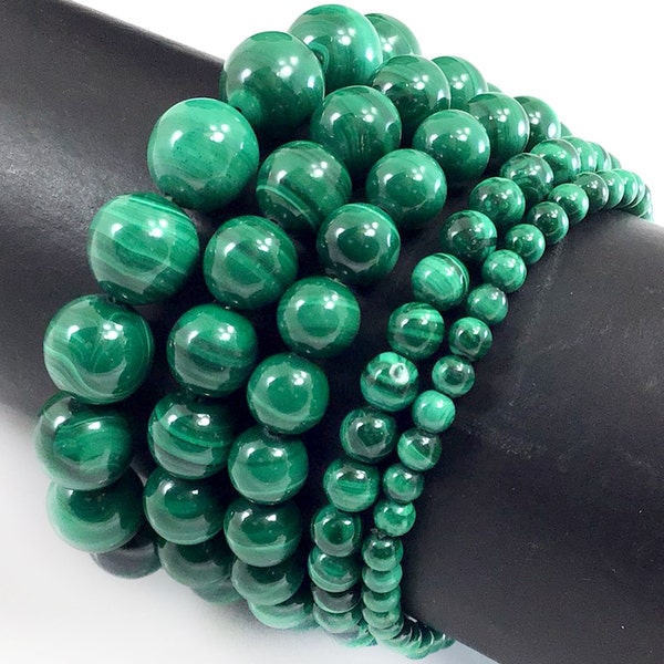 Premium Green Malachite Round Beaded Bracelet Grade AA Natural Genuine Handmade Stretch - 7.5" - Gemstone Sizes: 4mm, 6mm, 8mm, 10mm, 12mm