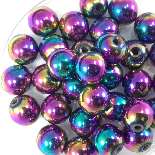 Rainbow Hematite Round Beads Natural Gemstone Smooth Loose Bead 4mm 6mm 8mm 10mm 12mm Sold by PCS 10 20 50 100 Wholesale Bulk