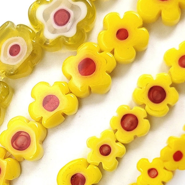 Yellow Millefiori Murano Flower Glass Lampwork Bead Grade AA Christmas Glass Smooth Loose Beads 4mm 6mm 8mm 10mm 15" Strand