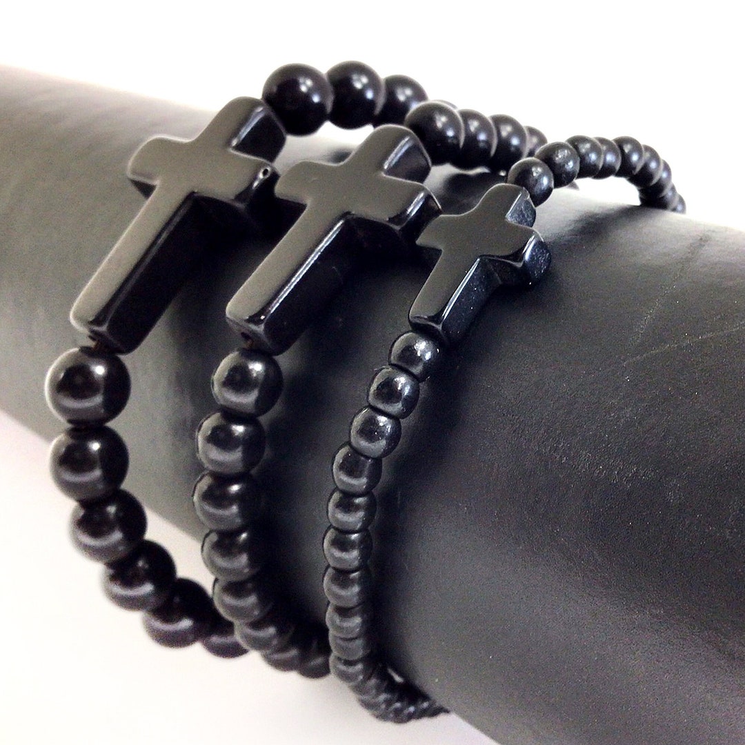 Black Cross Bracelet Beaded Stretch Christian Religious Stackable Men ...