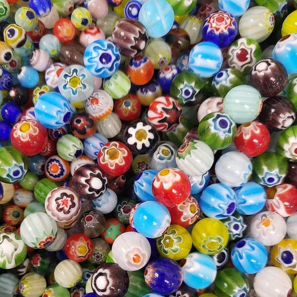 Millefiori Flower Glass Round Bead Grade AA Colorful Glass Smooth Loose Beads 4mm 6mm 8mm 10mm 12mm 15" Strand