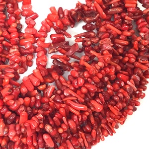 May include: A strand of red coral beads, featuring a mix of long, thin pieces and shorter, rounder pieces. The coral is a vibrant red color and has a natural, organic texture.