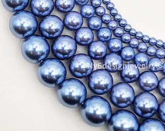 Slate Blue Glass Pearl Beads, Round, 15" Strand 3-12mm #18