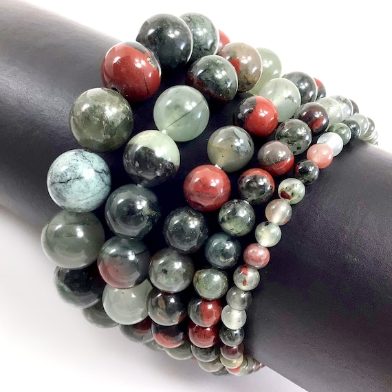 African Bloodstone Bracelet, Round Gemstone Bead, Crystal Healing 4-12 7.5"