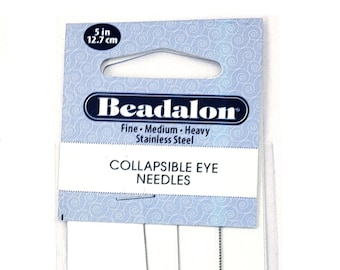 Beadalon Stainless Steel Collapsible Eye Beading Needles, Fine, Medium, Heavy  5" inches (12.7cm) 3pcs