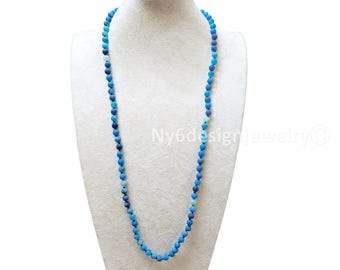 Hand-Knotted Blue Dyed Matte Agate 8mm Bead Necklace – 35" Long Gemstone Layering Necklace
