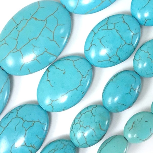 Turquoise Blue Howlite Flat Oval Loose Beads 15" Strand Natural High Quality Gemstone Jewelry Necklace Bracelet Magnesite