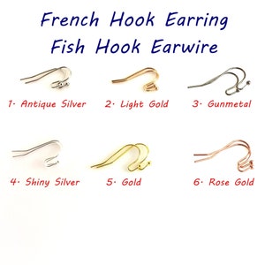 May include: Six different styles of French hook earring earwires. The earwires are made of metal and are available in antique silver, light gold, gunmetal, shiny silver, gold, and rose gold.