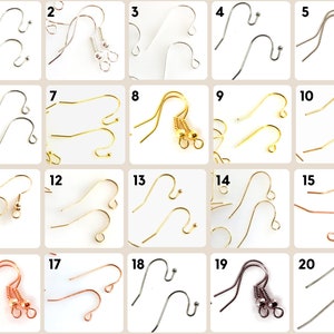 May include: Twenty different styles of earring hooks, including silver, gold, and rose gold finishes. Some hooks have a spring closure, while others have a simple loop closure.
