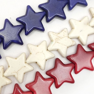 Patriotic Star Beads, Red White Blue Howlite Turquoise, 12/15/20mm 15" Strand