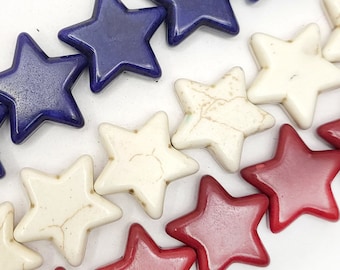 Patriotic Star Beads, Red White Blue Howlite Turquoise, 12/15/20mm 15" Strand